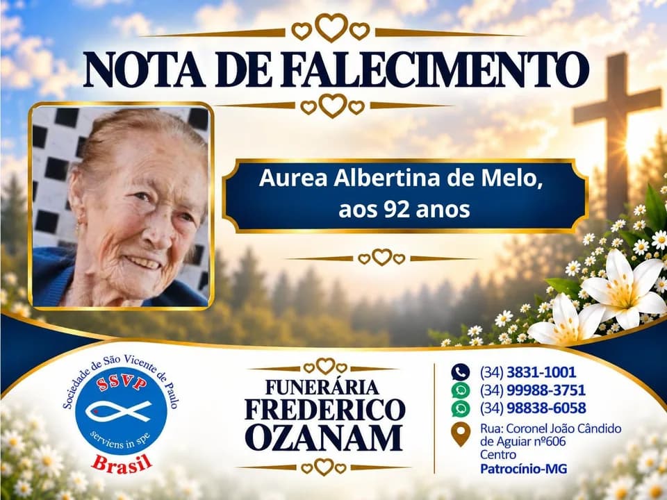 Nota de falecimento: Áurea Albertina de Melo, aos 92 anos.