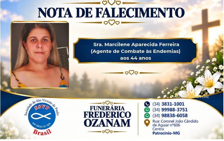 ATUALIZADA: Nota de falecimento: Sra. Marcilene Aparecida Ferreira (Agente de Combate às Endemias) aos 44 anos