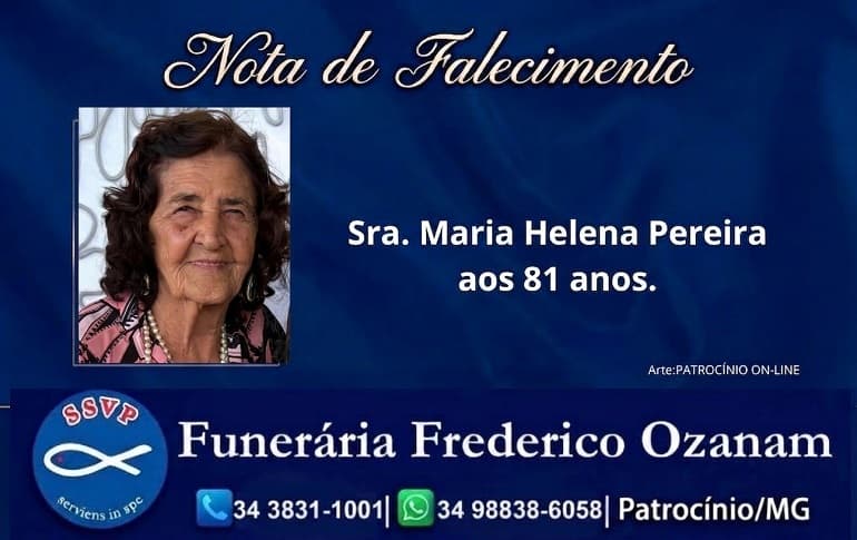 Nota de falecimento: Sra. Maria Helena Pereira aos 81 anos.